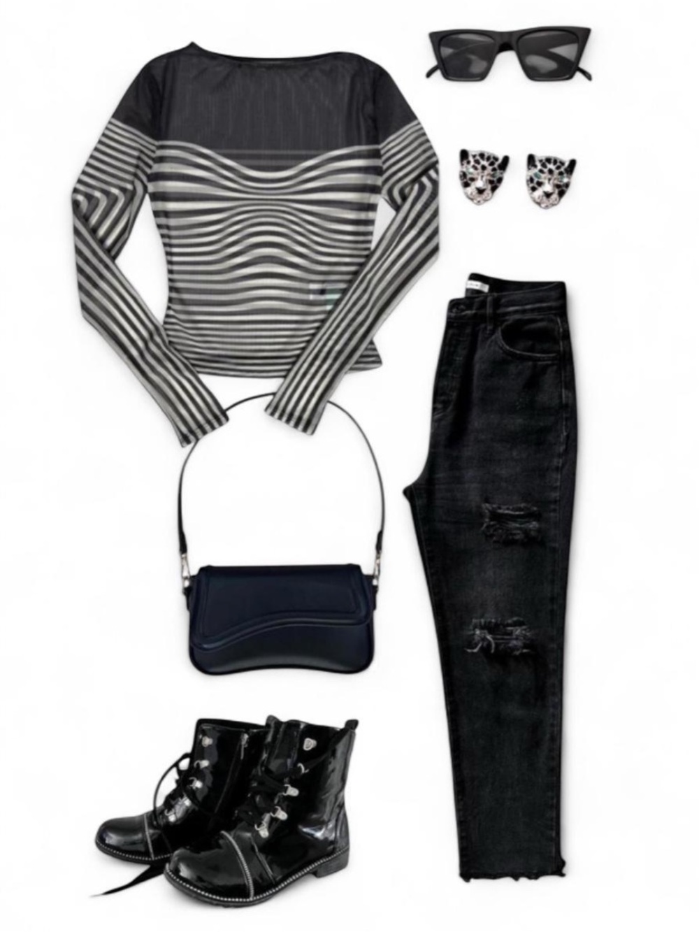 Striped Long Sleeve Top Black White Y2K Illusion Women’s S